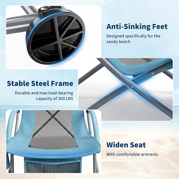Garvee High Beach Chair 2 Pack, Folding Portable Beach Chairs for Adults, Lightweight Extra Wide Seat Chair with Cup Holder, Storage Pocket & Carry Bag for Camping, Beach, Travel