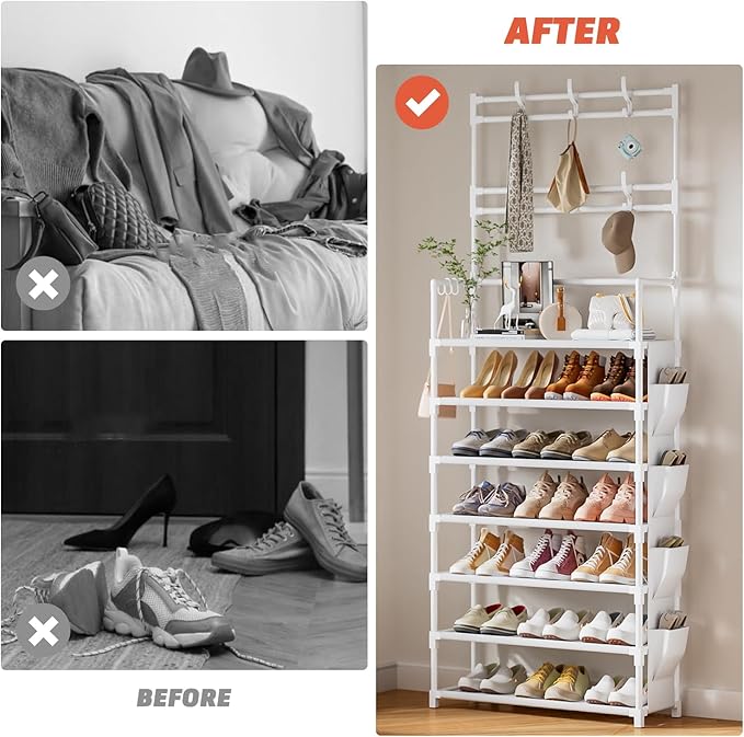 OYREL Shoe Rack 7 Tier Shoe Organizer Storage 21-28 Pairs Closet Shoes Rack for Front Door Entrance Shoe Rack Organizer with Hooks Side Pocket Entryway Large Capacity Shoe Shelf Tower Garage