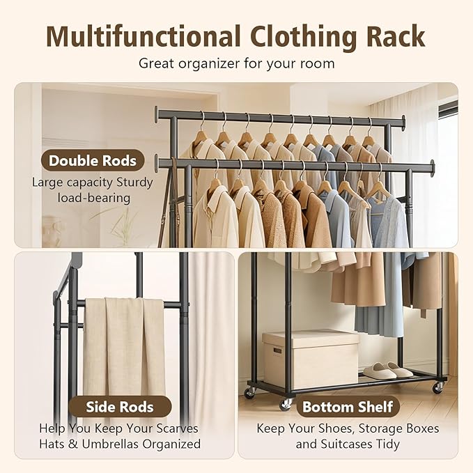 Clothes Rack,Rolling Clothing Rack for Hanging Clothes, Garment Rack Sturdy Clothing Rack Portable Wardrobe Rack Metal Closet Rack for Bedroom Laundry Living Room, Black