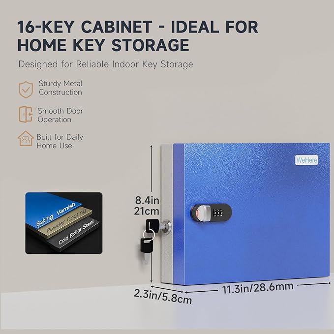 WeHere 16 Key Lock Box, Key Cabinet with Key Management App (Track Key Borrow/Return), 3-Digit Combination Lock & Backup Key, Wall Mount Key Holder Organizer Box for Home, Small Office, Rental
