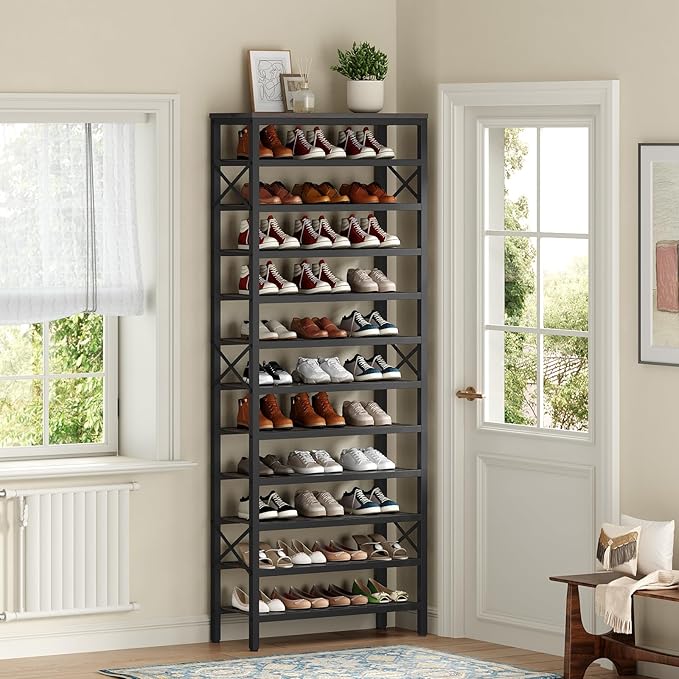 YATINEY 12-Tier Tall Shoe Rack Organizer, Wooden Shoe Storage for Closet Holds 48 Pairs, Sturdy Shoe Shelf with X-Shaped Metal Support, for Entryway, Bedroom, Charcoal and Black SS212BC