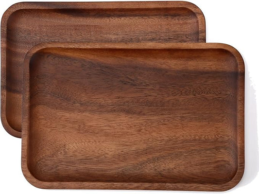 2PCS Serving Wood Valet Tray for Men Women, Catch All Acacia Mens Key Dump Bedside Nightstand Organizer EDC Decorative Wooden Tray for Phone Watch Wallet Keys
