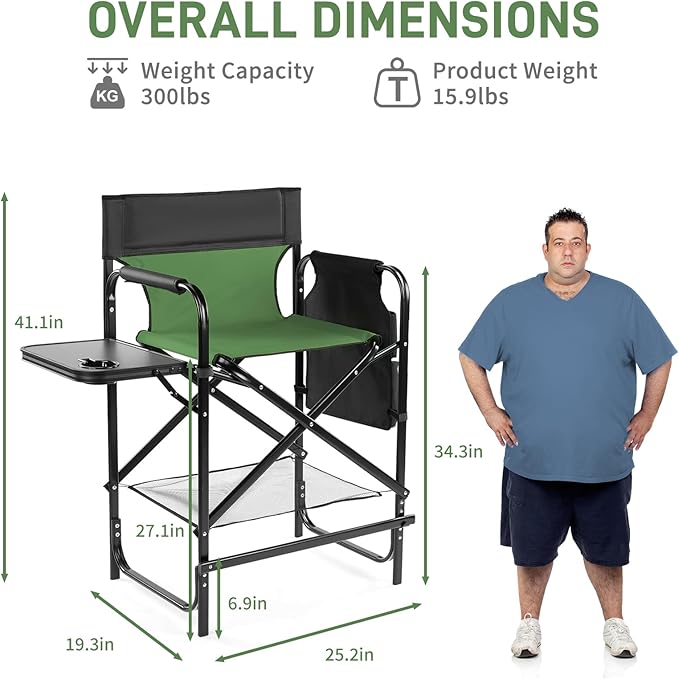 Outvita 26" Tall Directors Chair Height Seat Folding with Side Table Storage Bag, Support for 300Lbs Portable Makeup Artist Chair with Bar Height(Dark Green/Black)