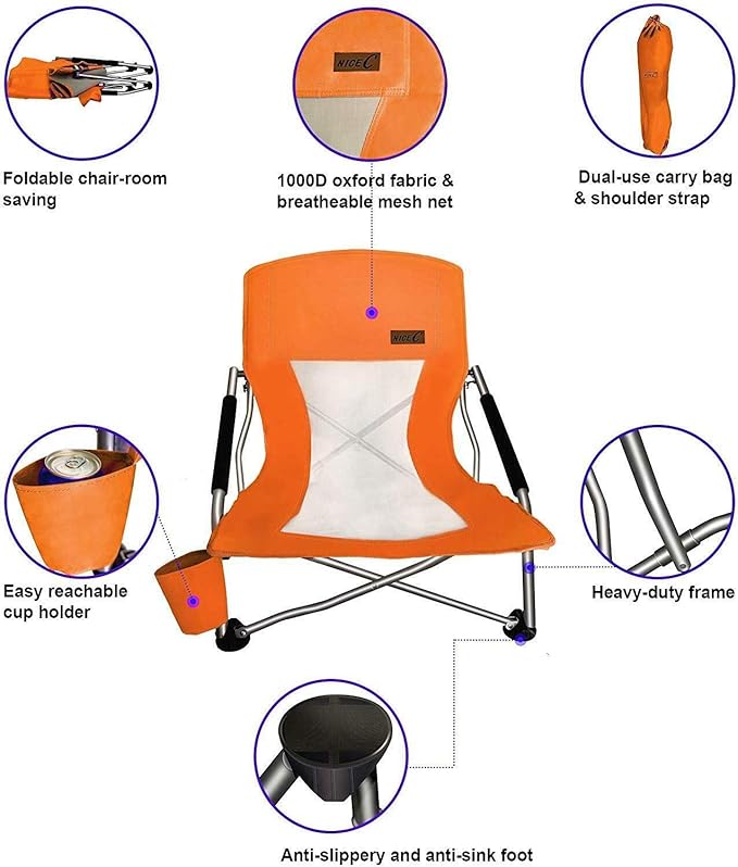 Nice C Chair Beach, Low Beach Chair, Sling, Folding, Portable, Concert, River, Beach Seat, Sillas de Playa, for Adults, Kids, Boat, Sand Chair with Cup Holder & Carry Bag (1 Pack of Orange)