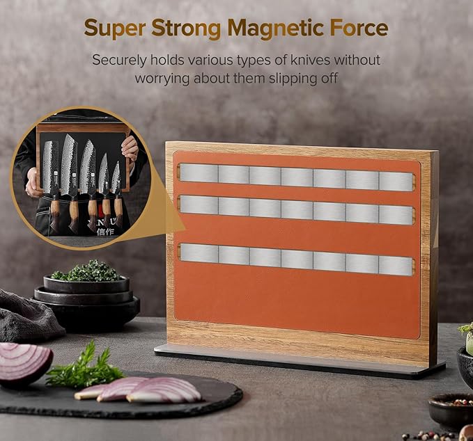 XINZUO Double Sided Magnetic Knife Rack (12.6 X 4 X 9.3inches)-Natural Acacia Wood Stand With Dual-Tone Leather Upholstery,Raw And Cooked Knife Storage Zones，430 Stainless Steel Base