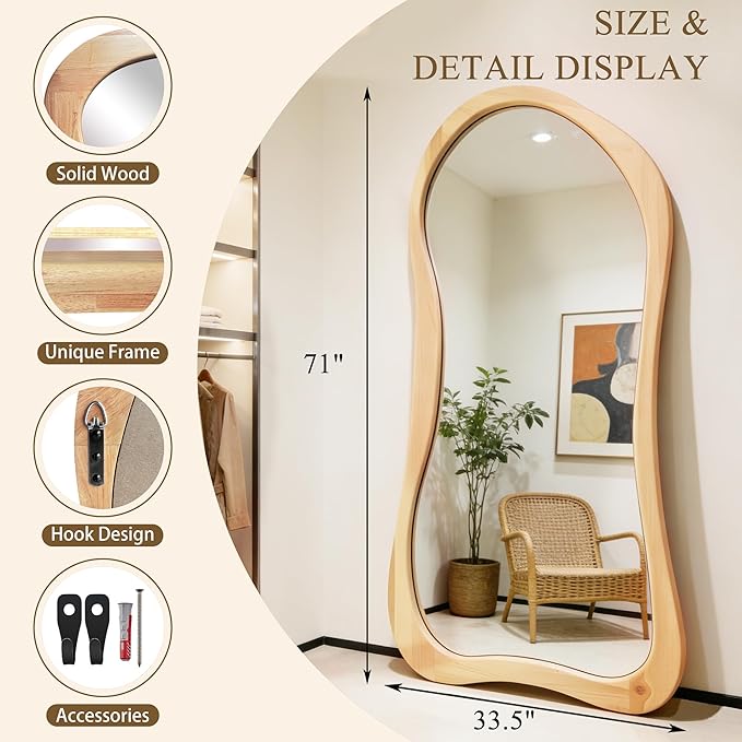 Irregular Full Length Mirror, 71"x33.5" Oversized Organic Floor Mirror with Solid Wood Frame, Asymmetrical Full Body Mirrors for Living Room Entryway Hallway Cloakroom, Leaning/Hanging