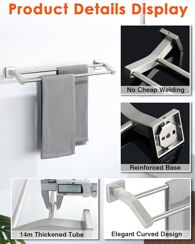 Alise Bath Double Towel Bars Towel Racks for Bathroom,16 Inch Wall Mount Towel Holder Heavy Duty SUS304 Stainless Steel Towel Hanger Towel Rail,Brushed Nickel