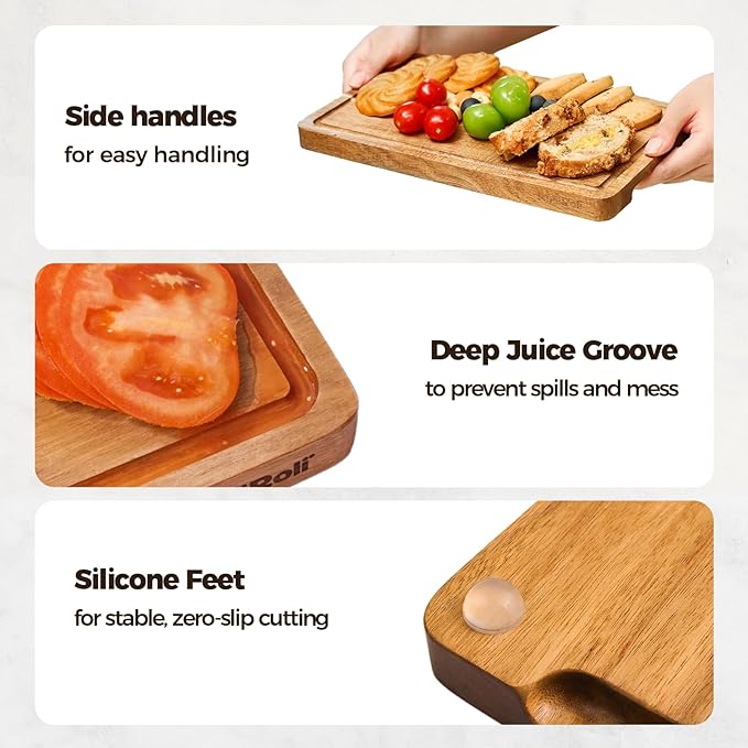 Small Acacia Wood Cutting Board for Kitchen - 11.5"x7" Compact Tablet-Sized Chopping Board, Mini Charcuterie, Steak & Brunch Serving Tray with Juice Grooves & Handles, Gift for Mom & Women