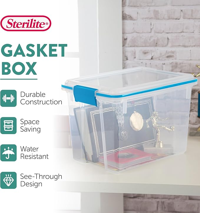 Sterilite 6-Pack Gasket Box, Clear Plastic Storage Bins with Latching Lids, 20 Qt - Large Stackable Tote Containers for Home, Closet, Bathroom, and Office Organization