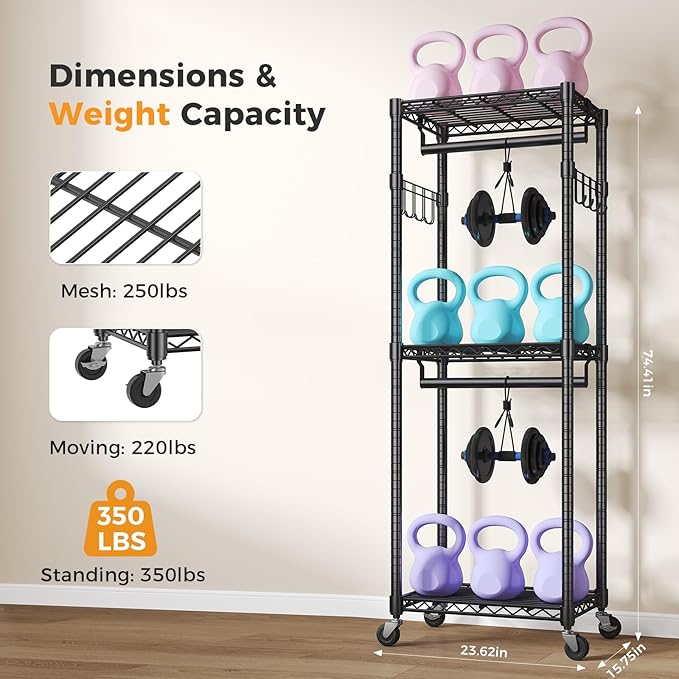OLIXIS Clothes Rack Heavy Duty Adjustable Garment Clothing Rack with Wheels, Rolling Metal Freestanding Closet Organizer for Hanging Clothes with 2 Side Hooks, Double Rods, 23" x 15" x 75", Black