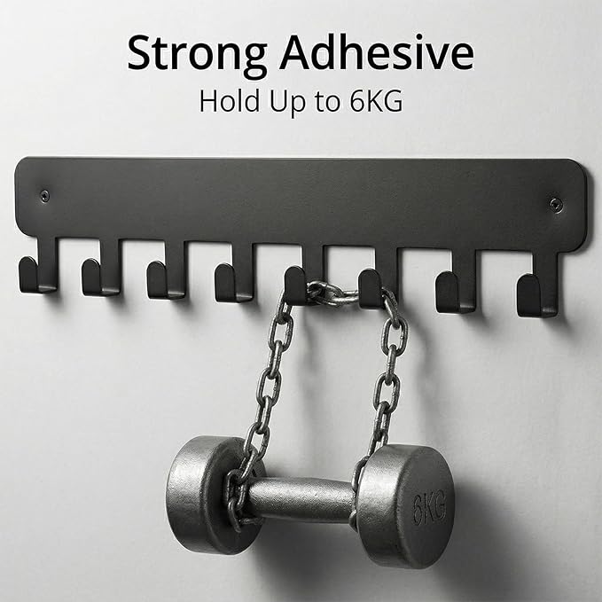 4 Pack Key Holder Wall Mount, Black Stainless Steel Key Hooks with 8 Hooks, Adhesive and Screw Mounting for Living Room Kitchen Bathroom Hallway