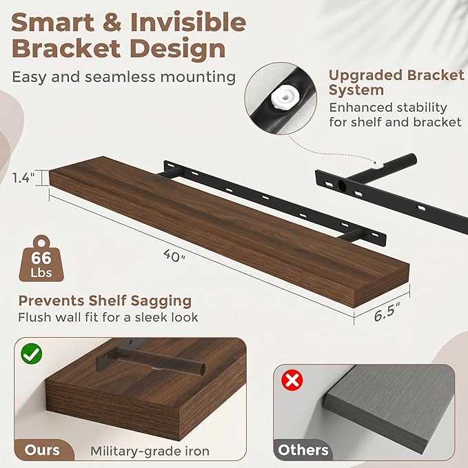 Venusmiles Floating Shelves for Wall, 40 Inch Floating Shelves Set of 2, 6.5" D Wooden Wall Mounted Display Shelves with Invisible Brackets for Living Room, Bedroom, Bathroom, Kitchen Decor, Walnut
