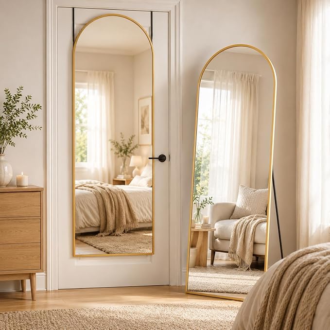 Full Length Mirror, 58"x21" Arched Floor Mirror Freestanding, Floor Standing Full Body Mirror with Stand for Bedroom, Hanging Mounted for Living Room Cloakroom, Gold