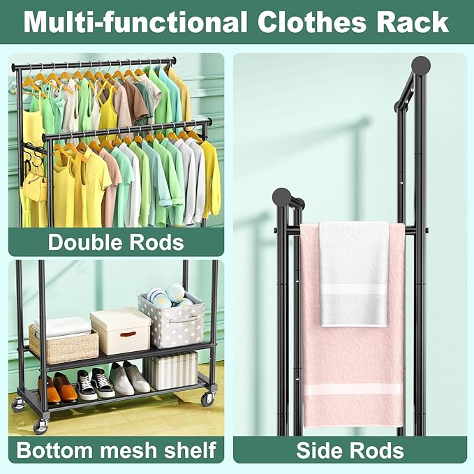 Rolling Clothes Rack with Doule Rod for Hanging, Heavy Duty Metal Garment Rack Load 350 LBS with Lockable Wheel, Free Standng Clothing Rack with 2 Shelves and Side Hooks for Home Commercial, Black