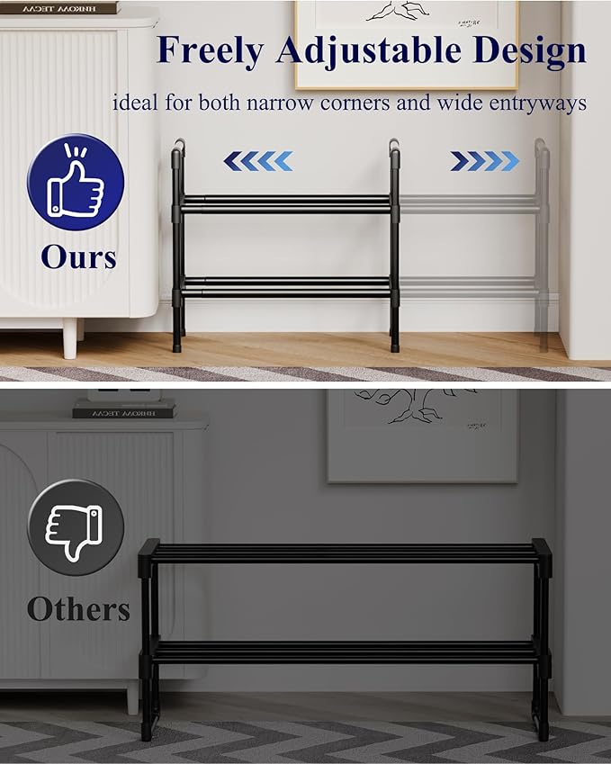 Kitsure Shoe Rack for Closet - Expandable Shoe Rack for Entrance, Rustproof Shoe Organizer for Entryway with Portable Handles, Black, 17.3″~30.2″L x 16.3″H