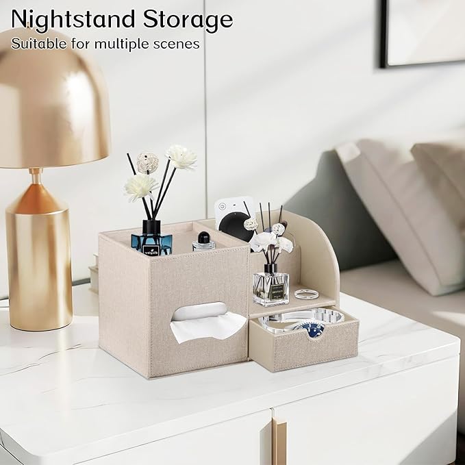 Square Tissue Box Cover with Drawer Storage and Tray on Top, PU Leather Tissues Cube Boxes Holder, Modern Nightstand Organizer Caddy, Remote Control Holder for Bathroom, Bedside, Office, Home