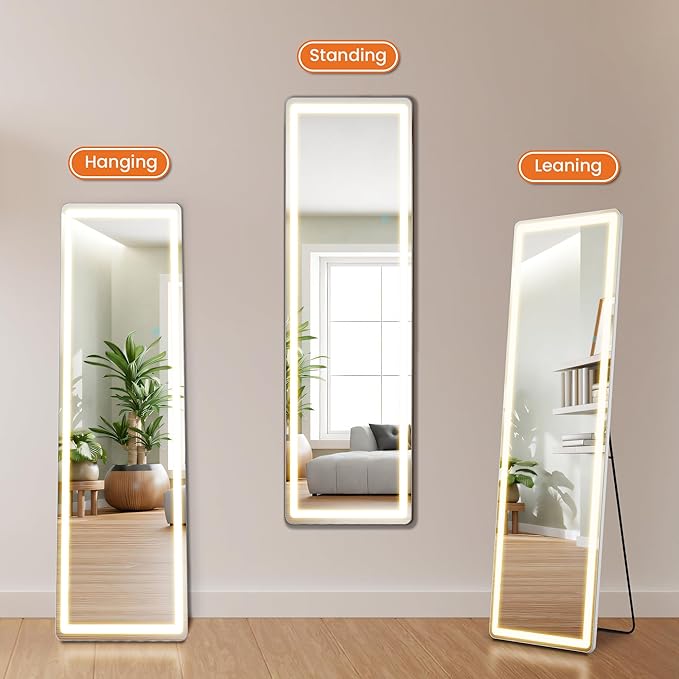NEWBULIG 60"x16" Full Length Mirror with Light, 3 Color Lighting Full Body Floor Mirror with Aluminum Alloy Thin Frame, Wall or Standing Mirror for Bedroom, Living Room, Dressing Room, White
