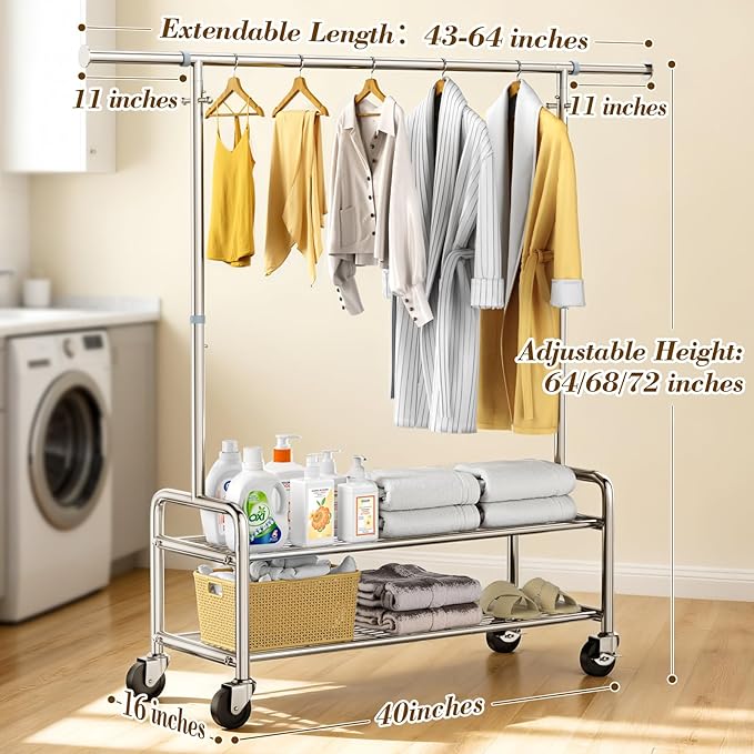 Heavy Duty Clothes Rack with Integrated Shelves Loads 760 LBS, Rolling Clothing Rack for Hanging Clothes, Stainless Steel Garment Rack with Sturdy Wheels Hooks, Portable & Adjustable Coat Rack