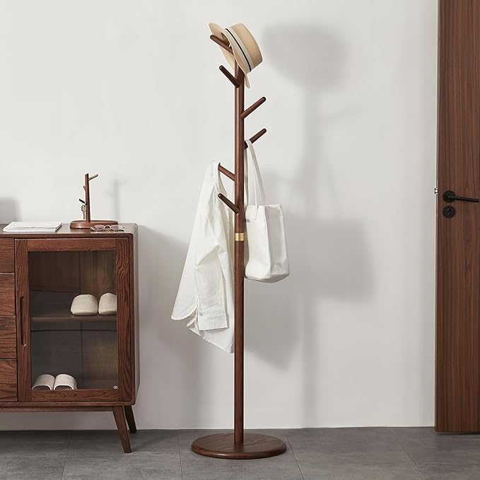 Coat Rack, Solid Wood Coat Rack Freestanding with 6 Hooks, Wooden Coat Tree Freestanding for Hats, Handbags, Coat Stand for Entryway, Bedroom, Hallway - Ideal Gift (Walnut)