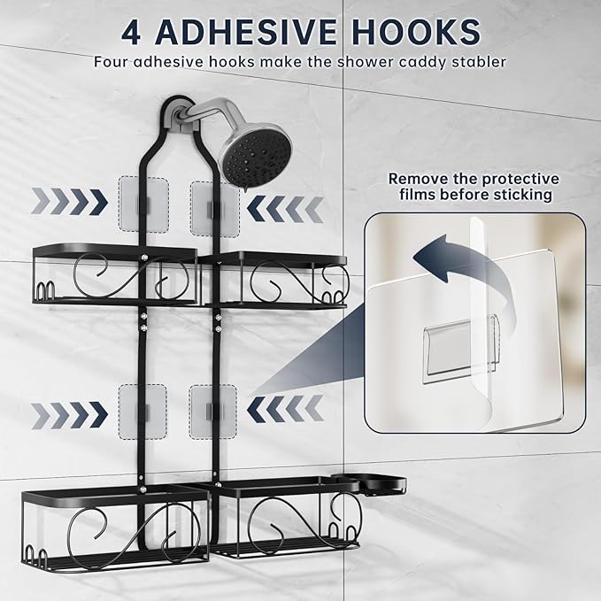 Stainless Steel Shower Caddy Hanging for Handheld Showerheads,Never-Rust Shower Organizer,Large-Capacity Bathroom Organizer Rack with Soap Dish and Hooks for Razor/Sponge,Black
