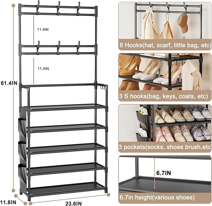OYREL Shoe Rack 5 Tier Shoe Organizer Storage 15-20 Pairs Shoes Rack for Closet Entrance Shoe Rack Organizer with Hooks and Side Pocket Entryway Shoe Holder Space Saving Free Standing Shoe Racks