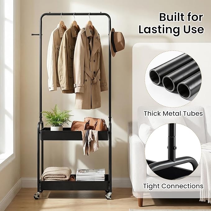 LDAILY Small Rolling Clothes Rack, Heavy Duty Clothing Rack with 2 Baskets, 4 Wheels for Hanging Clothes & Storage, Multi-Purpose Portable Closet for Bedroom, Living Room, Laundry, Small Space (Black)
