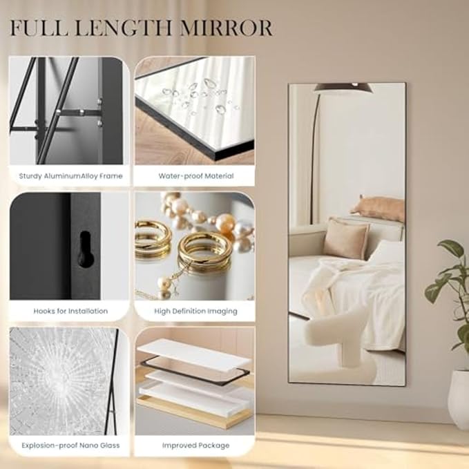 NEWBULIG 64"x21" Full Length Mirror, Full Body Floor Mirror with Aluminum Alloy Thin Frame, Wall or Standing Mirror for Bedroom, Living Room, Dressing Room, Black-Rect
