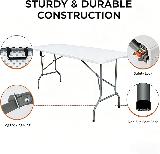 Folding Table 6ft Foldable Table with Built in Handle & Steel Legs / 6FT Heavy Duty Folding Portable,Perfect for Party, Dining Indoor/Outdoor Events, Tailgating & Backyard BBQ, White