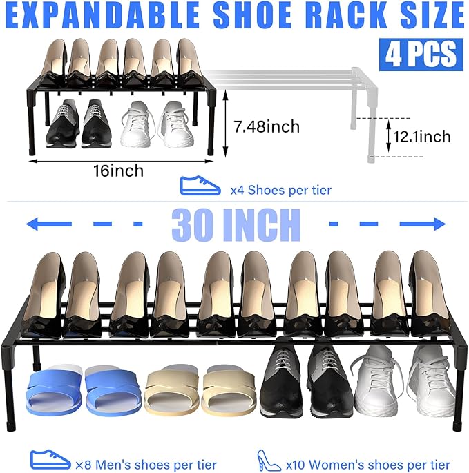 Teenyyou 4 Pcs Expandable Shoe Rack 17 ''-30 '' Adjustable Shoe Shelf Metal 1 Tier Rack Black Stackable Organizer for Cabinet Entryway Closet Doorway Front Door Small Space Dorm Room Storage