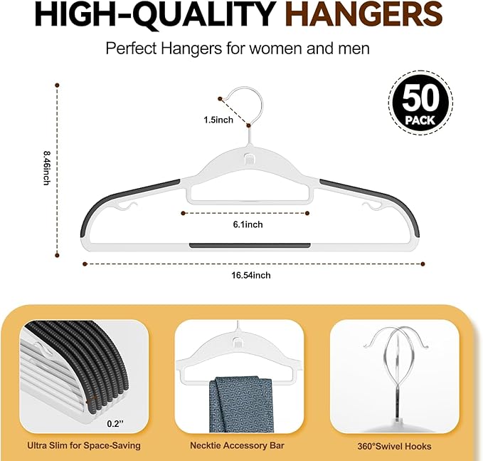 Plastic Hangers 50 Pack, Stackable Slim Space Saving Hangers with Non-Slip Pads, 360° Swivel Hook, Cascading Strip for Vertical Storage, Closet Organizer for Shirt, Suit, Skirt, Coat - Black