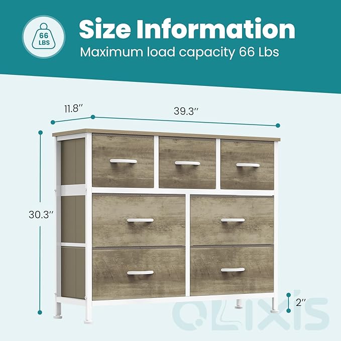 OLIXIS 7 Drawers Dresser for Bedroom, Fabric Storage Tower for Living Room, Entryway - Sturdy Steel Frame, Wooden Top and Easy Pull Fabric Bins, Closet Chests Organizer for Clothes,Oak Greige