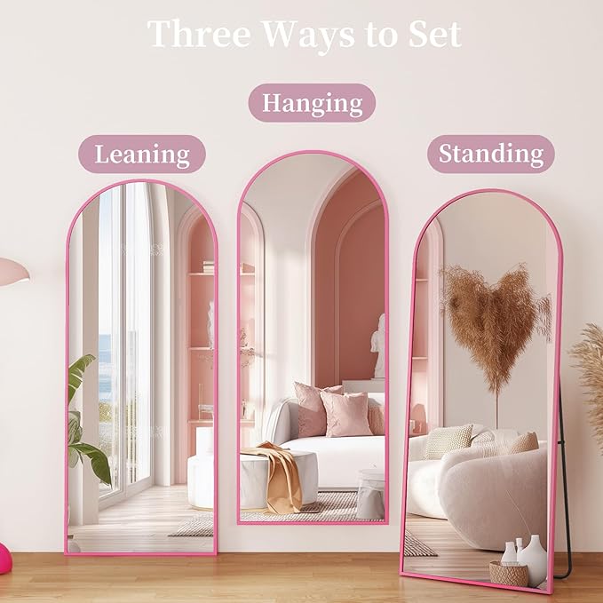 Full Length Mirror with Stand, 58"x19" Arched Full Body Mirror, Large Stand Up Aluminum Frame Floor Freestanding Hanging Leaning Mounted for Bedroom Living Room Entryway Pink
