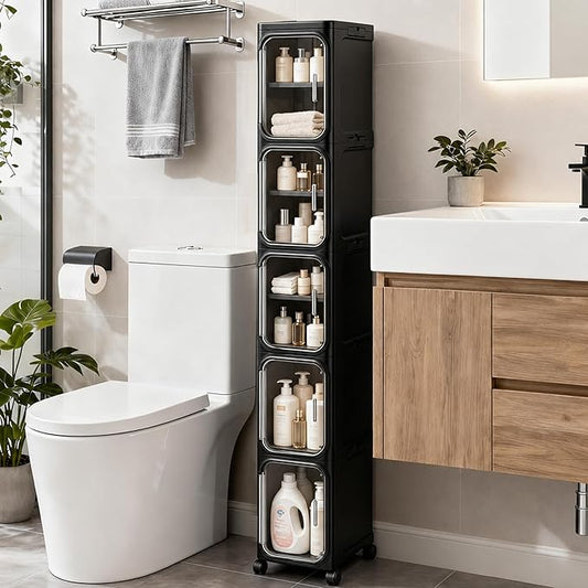 5-Tier Tall Narrow Storage Cabinet, Slim Bathroom Storage Cabinet with Adjustable Shelves and Wheels, Narrow Organizer for Small Space, Bathroom, Kitchen, Laundry, Black