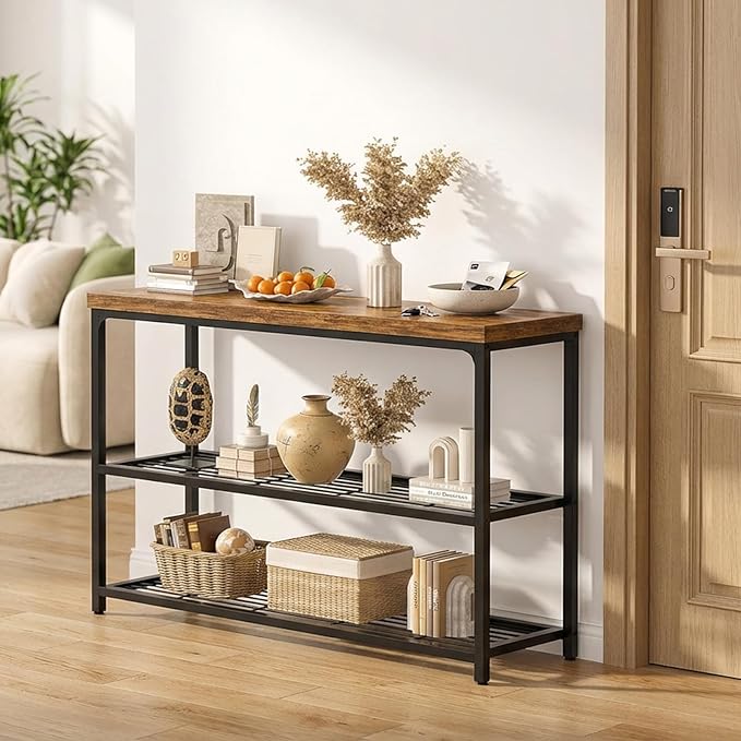 Besiost 47" Console Table with 3-Tier Storage, Industrial Narrow Entryway Table, Sofa Table Behind Couch for Hallway, Foyer & Living Room, Sturdy Metal Frame, Rustic Brown