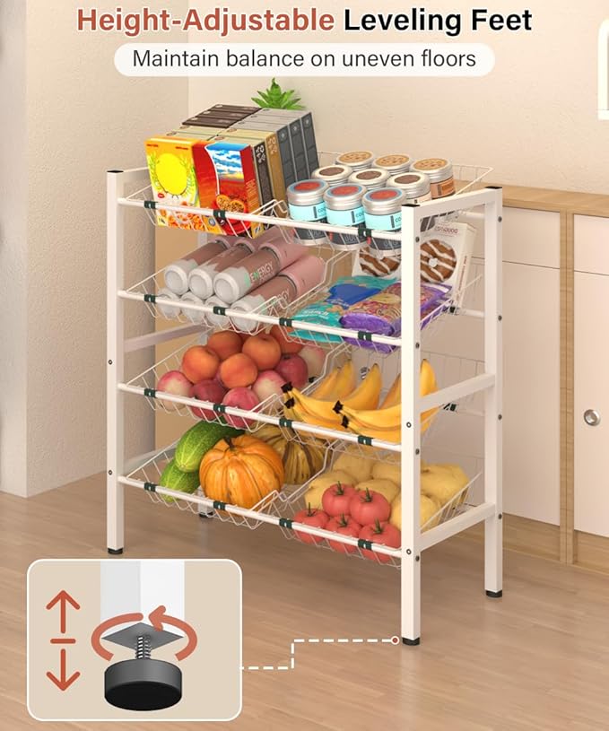 4-Tier Kitchen Storage Rack, Metal Pantry Storage Stand, Fruit Basket Stand with 8 Fruit Vegetable Baskets, Freestanding Snack Organizer Shelf Unit for Living Room, Office, Apartment, White