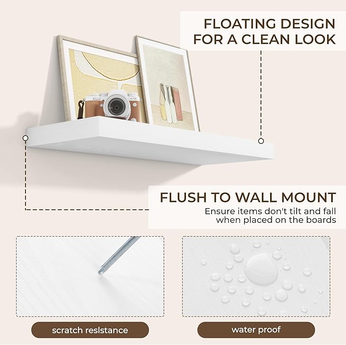 RICHFOCUS 28Inch Floating Shelves for Wall 2 Pack Shelves for Bedroom|Kitchen|Bathroom|Laundry Room Rustic Wood Wall Mounted Shelf with Invisible Brackets for Books|Storage|Decor, White