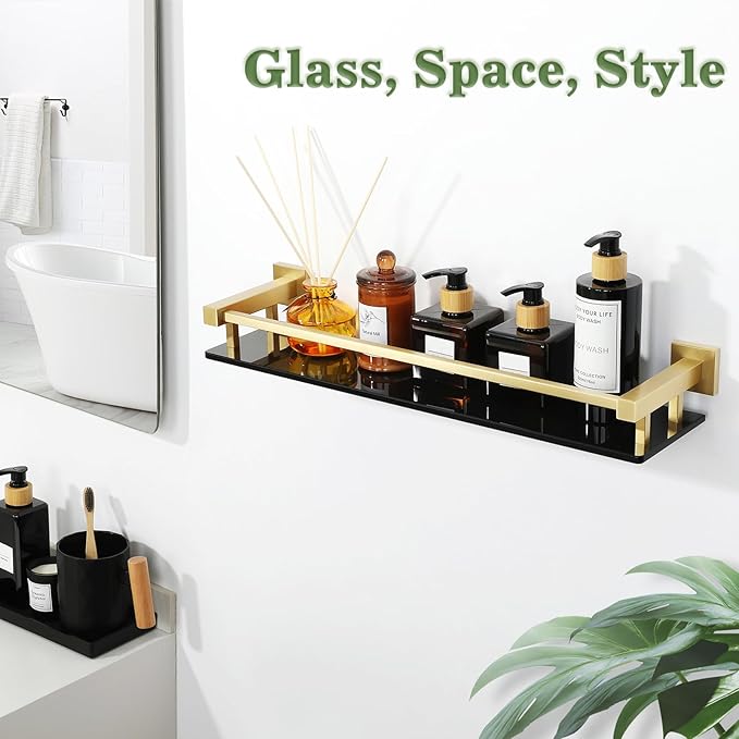 Alise Glass Shelf for Bathroom 20 inch, Gold Black Glass Floating Shelves, Stainless Steel Glass Bathroom Shelves Wall Mounted