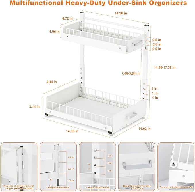 Under Sink Organizer, 2 Tier Slide Out Cabinet Organizer with Pulley, Height Adjustable Pull Out Shelf for Kitchen, Bathroom, Laundry and Utility Storage, White, 1 Pack