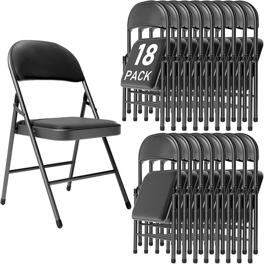 18 Pack Black Folding Chairs with Padded Cushion and Back for Outside Portable Stackable Commercial Foldable Chairs with Steel Frame for Events Office Wedding Party, 350lbs Capacity