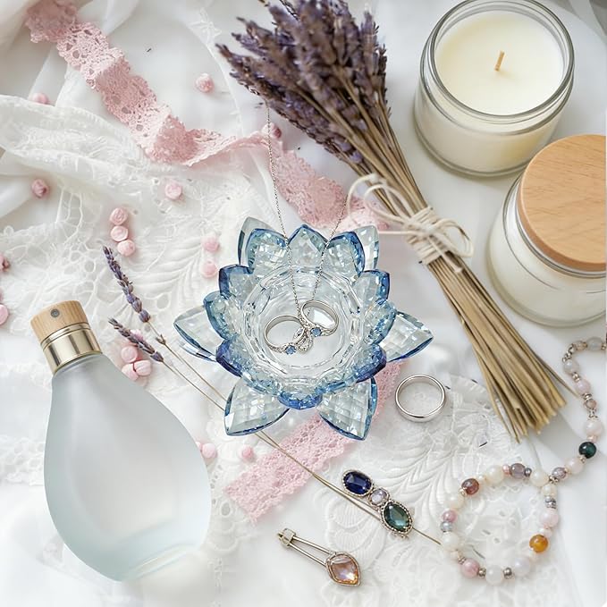 Crystal Flower Jewelry Tray, Luxury Transparent Decorative Trinket Dish for Rings, Earrings, Necklaces, Keys for Vanity Dresser Nightstand, Elegant Gift for Women Mother's Day (1, 4.4"(w) - Blue)