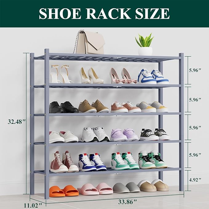 Smiry Long Bamboo Shoe Rack, 5 Tier Free Standing Wooden Shoe Organizer, Stackable Wood Shoe Storage Shelf for Closet, Entryway, 14 Vertical Slats, 2+2+1 Stack Thicker Legs, 33.7"x11"x32.5", Grey
