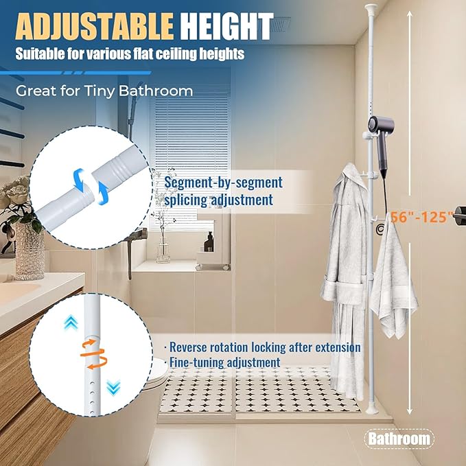 Corner Coat Rack - 12 Hook Tension Rod Plant Stand Stainless Steel Organizer for Coats, Towels, Plants & More, No Drilling, Height Adjustable, White