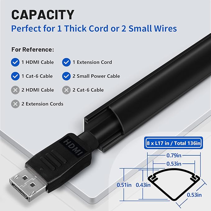136in Corner Cable Concealer, One-Cord Corner Duct, Paintable Corner Cord Cover, Cable Management Channel for Wall Corner, Floor Baseboard, Ceiling, Black