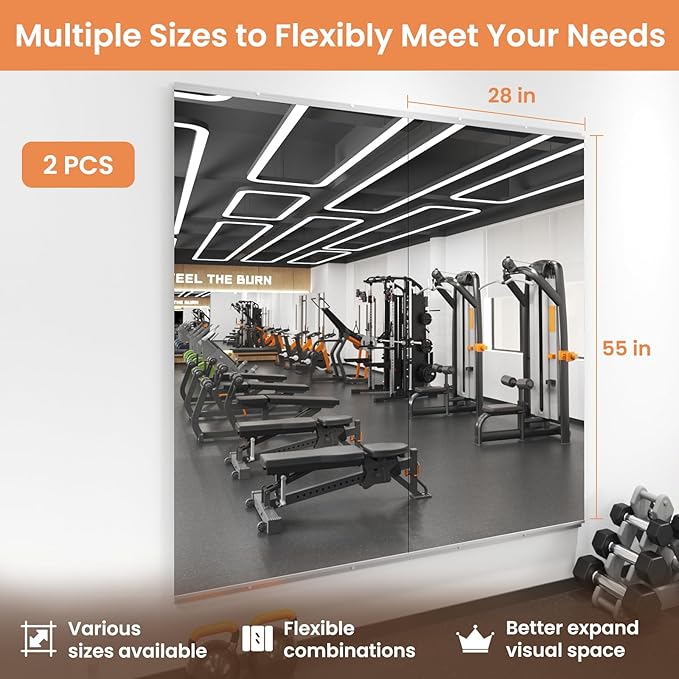LOAAO Home Gym Mirror, 55"x28"-2 PCS Gym Mirrors for Wall, Frameless, Tempered Glass, Large Workout Mirrors for Home Gym, Dance Studio, Yoga Room, Garage Gym