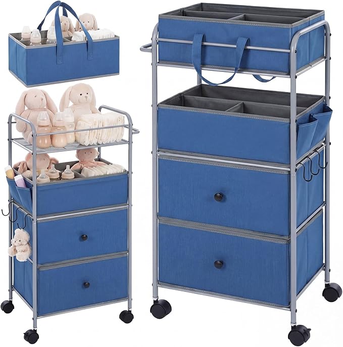 FoldTier 3In1 Baby Diaper Caddy Organizer Cart 4 Tier Large Capacity Metal Utility Bedside Rolling Cart with Divider Newborn Registry Nursery Essential Must Have Bedroom Gift Baby Shower (Blue)