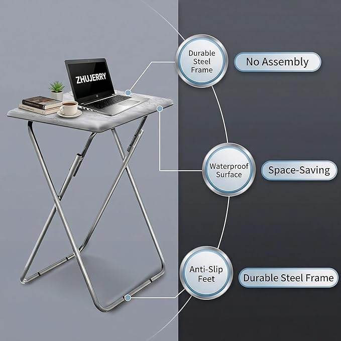 Tv Trays Folding Tv Table, Dinner Table for Eating with Sturdy Metal Frame, Small Foldable Snack Trays Table for Living Room, Couch,Sofa, Bed, No Assembly Required (White Marble)