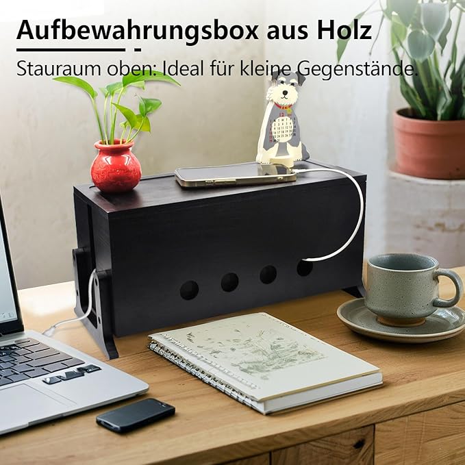 Large Cable Management Box, Wood Cord Hider Box & Organizer for Power Strip Hider Cable Storage for Office, TV Wires, Desk Cord Organizer, 14.2" x 6" x 6.3", Black, Wood