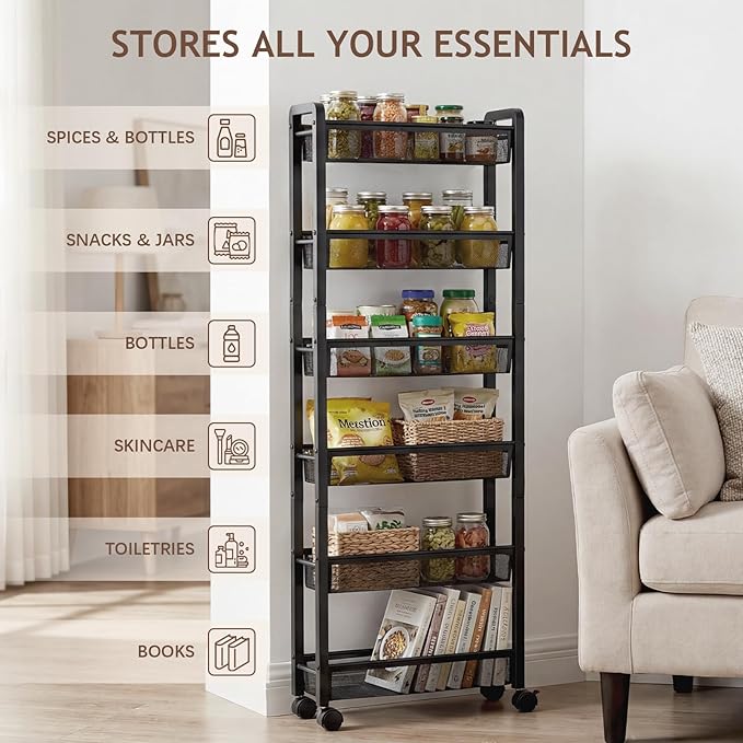 6 Tier Slim Rolling Storage Cart, Narrow Kitchen Storage Cart, Spice Rack Organizer with Wheels, Space Saving Shelf for Living Room, Laundry Room, Bathroom, Narrow Spaces