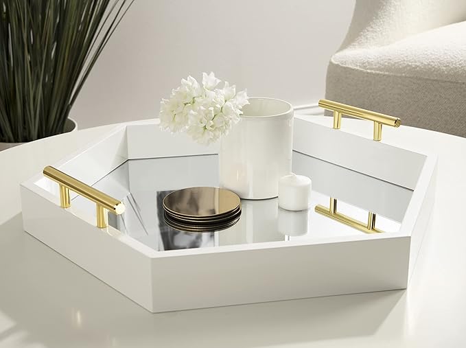 Kate and Laurel Lipton Modern Hexagon Mirrored Tray; 18 x 18; White and Gold; Midcentury Decorative Serving Tray for Storage and Display