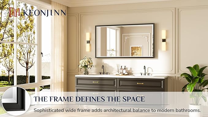 Keonjinn 55" x 30" Black Bathroom Vanity Mirror, Black Metal Framed Mirror, Beveled Edge Tempered Glass, Aluminum Alloy, Rustproof, Decorative Wall Mirrors for Entryway, Hallway(Vertical/Horizontal)